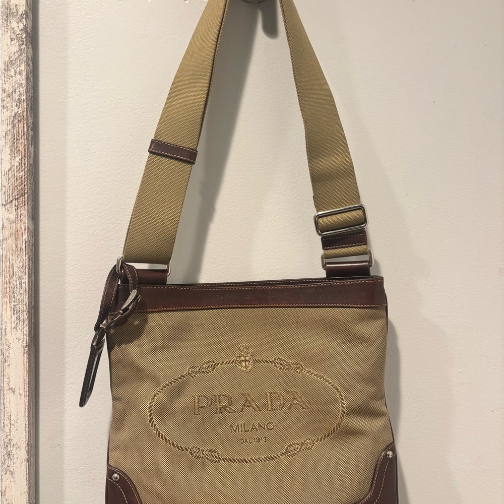 Prada Khaki Canvas and Brown Leather Messenger Bag